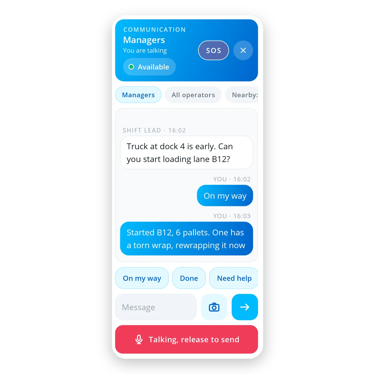 WareVision Communication on a handheld: a manager asks for a truck to be loaded, the operator answers with a quick reply and a message, and is now talking by push to talk