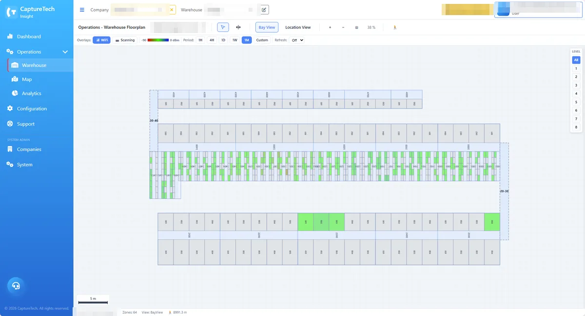 WareVision Digital Twin warehouse floorplan with signal heatmap