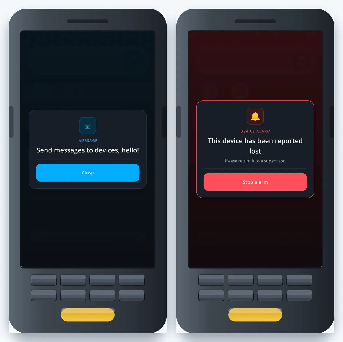 WareVision Identity on a handheld: a message pushed to the device, and a lost-device alarm