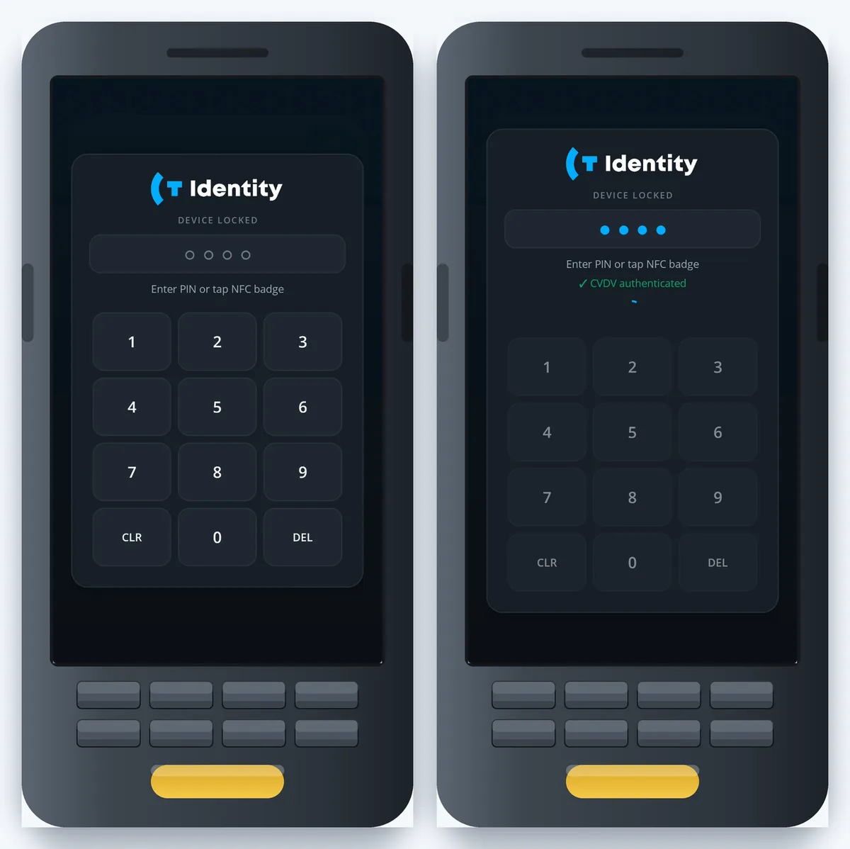 WareVision Identity on a handheld: the PIN pad locked, then the same pad with an NFC badge accepted